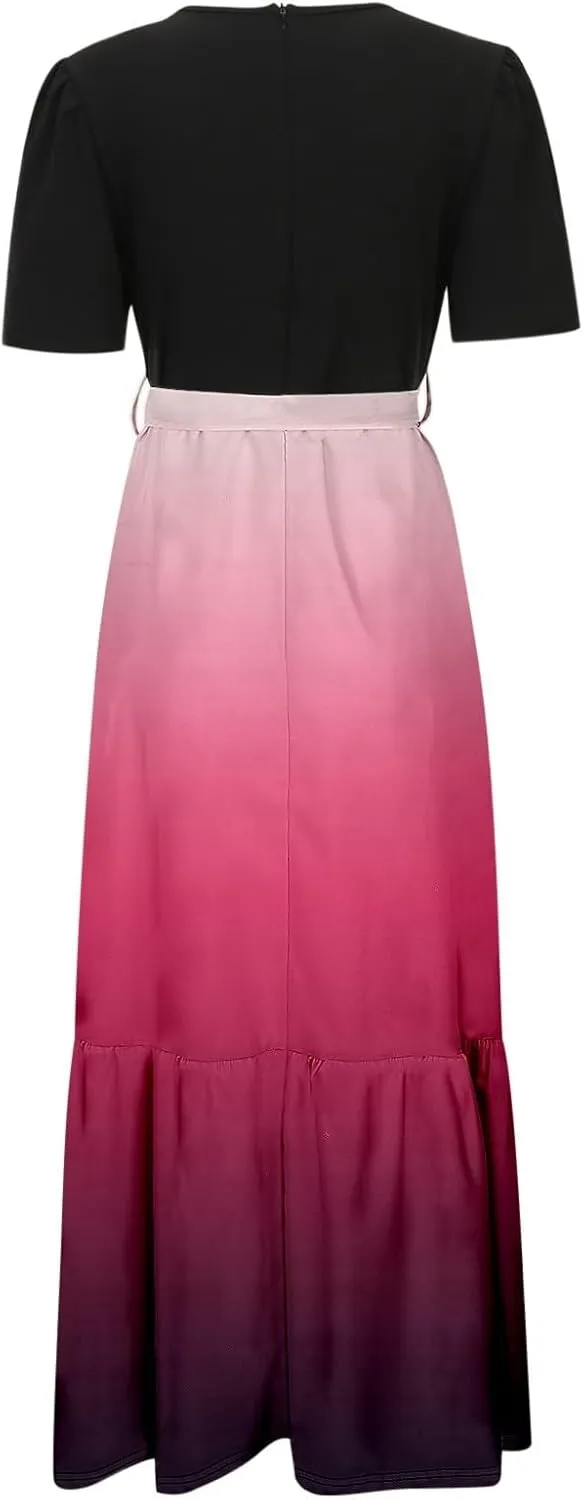 Long Floral Dresses for Women 2025 Elegant Boho Tie Belted Patchwork Waist Short Sleeve A-Line Flowy Maxi Dress