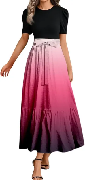Long Floral Dresses for Women 2025 Elegant Boho Tie Belted Patchwork Waist Short Sleeve A-Line Flowy Maxi Dress