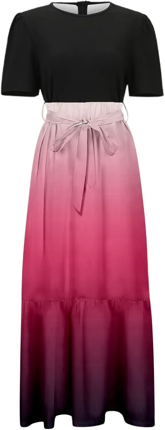 Long Floral Dresses for Women 2025 Elegant Boho Tie Belted Patchwork Waist Short Sleeve A-Line Flowy Maxi Dress