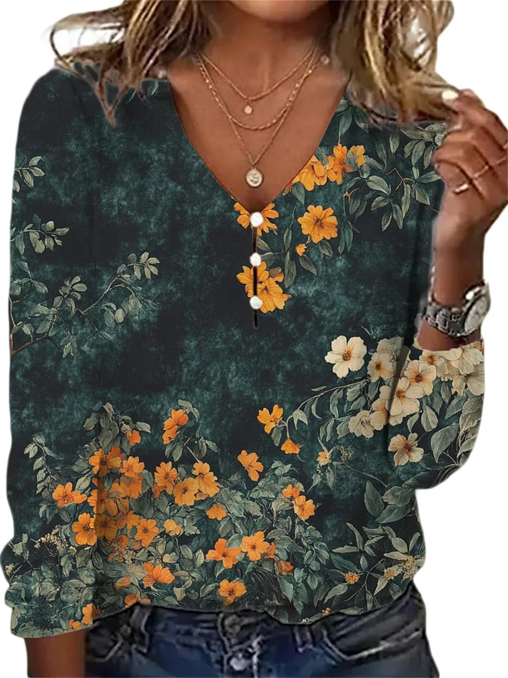 Long Sleeve Shirts for Women Boho Floral Print V Neck Dressy Casual Summer Blouses Vintage Tunic Tops