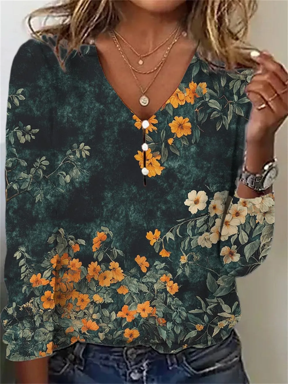 Long Sleeve Shirts for Women Boho Floral Print V Neck Dressy Casual Summer Blouses Vintage Tunic Tops