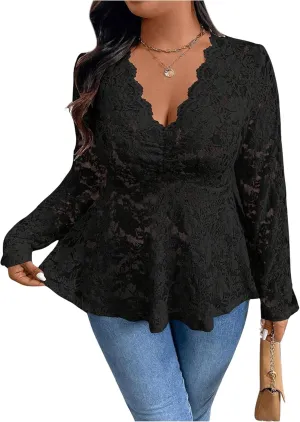 MakeMeChic Women's Plus Size Blouse Floral Lace V Neck Long Sleeve Babydoll Peplum Tops