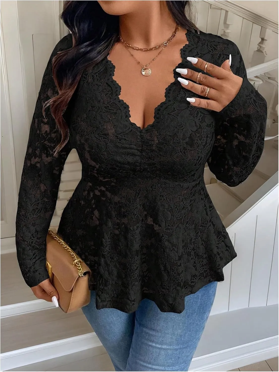 MakeMeChic Women's Plus Size Blouse Floral Lace V Neck Long Sleeve Babydoll Peplum Tops