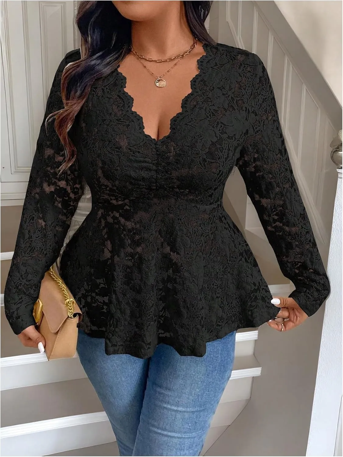 MakeMeChic Women's Plus Size Blouse Floral Lace V Neck Long Sleeve Babydoll Peplum Tops
