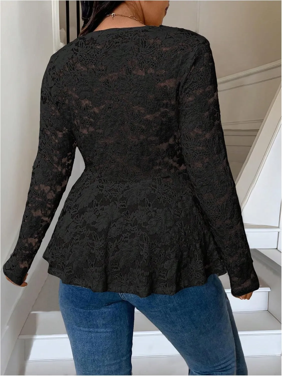 MakeMeChic Women's Plus Size Blouse Floral Lace V Neck Long Sleeve Babydoll Peplum Tops