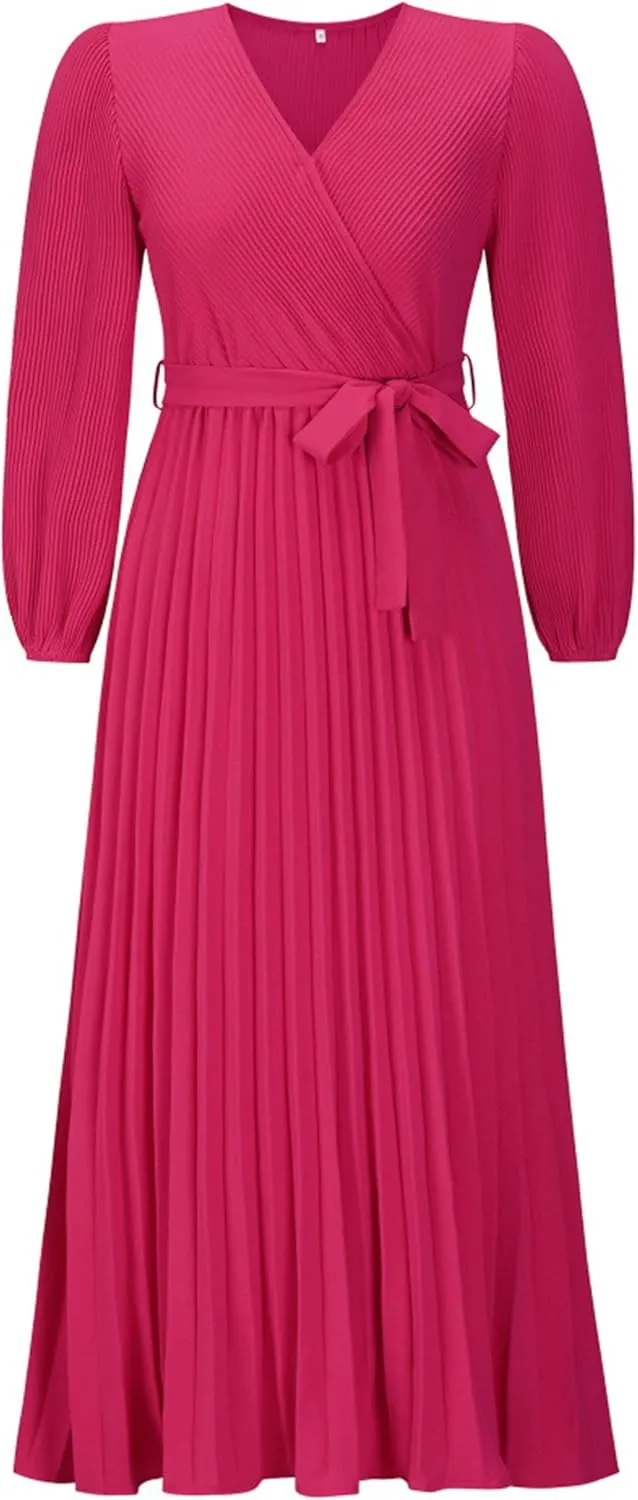 Mansy Women's Elegant Wrap V Neck Lantern Sleeve Bulted Pleated Flowy Maxi Long Dress