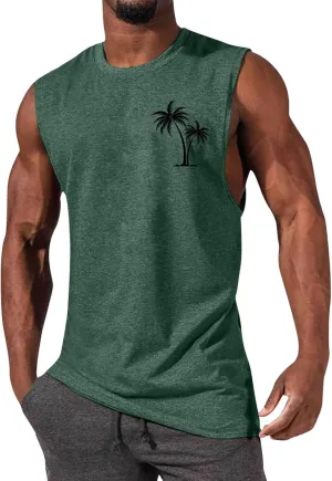 Mens Beach Tank Tops Summer Palm Tree Print Sleeveless Undershirts Hawaiian Vacation Tee Tops Muscle Fit Basic Tees