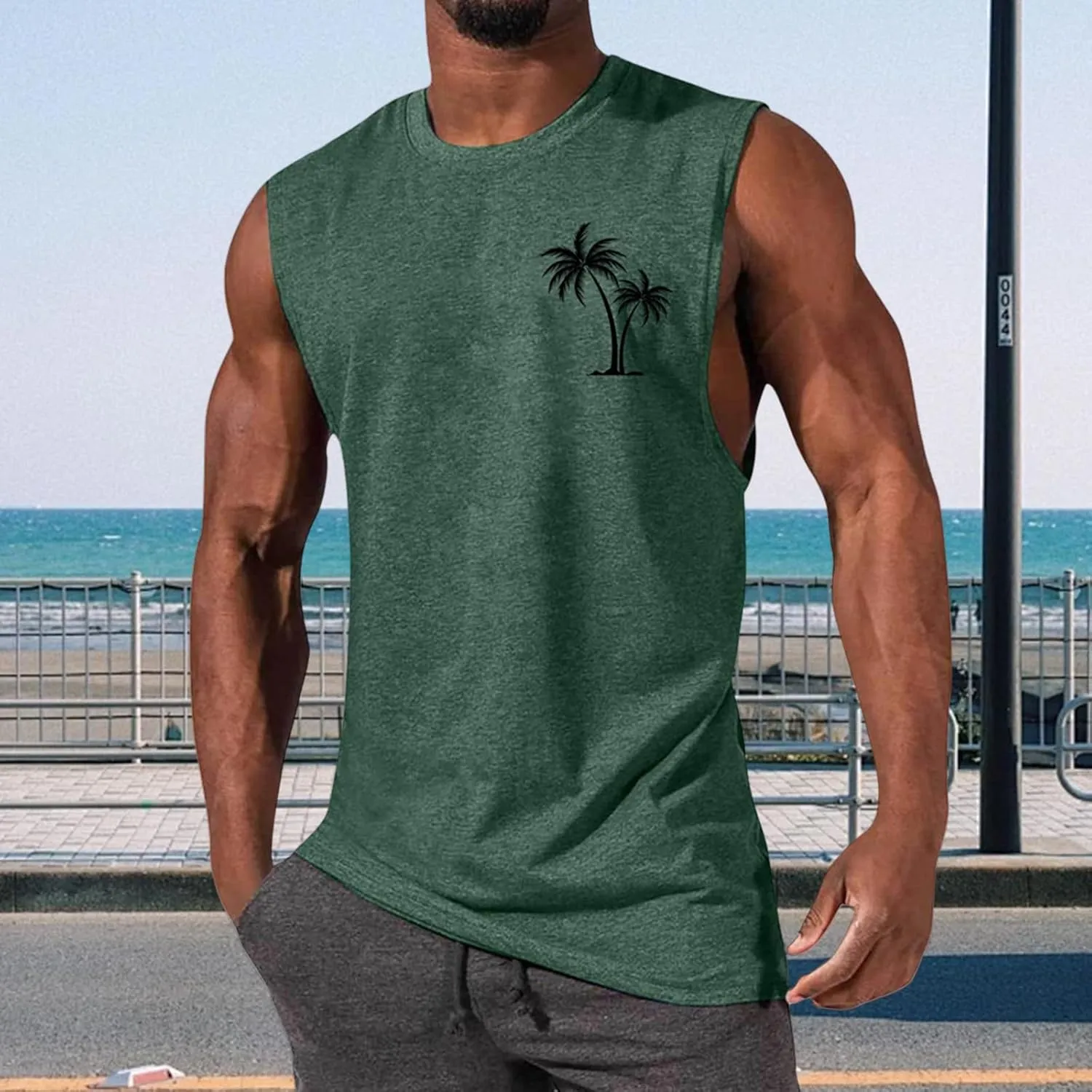 Mens Beach Tank Tops Summer Palm Tree Print Sleeveless Undershirts Hawaiian Vacation Tee Tops Muscle Fit Basic Tees