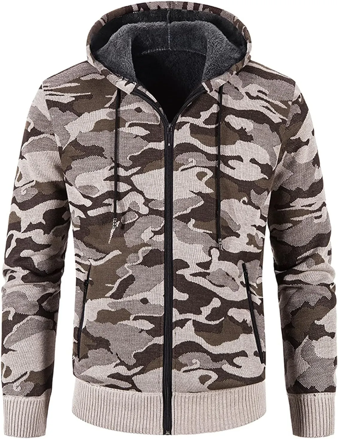 Mens Camo Hooded Cardigan Sweater Coats Heavy Warm Sherpa Fleece Lined Stripe Hoodie Jackets Zip Up Thick Sweatshirt