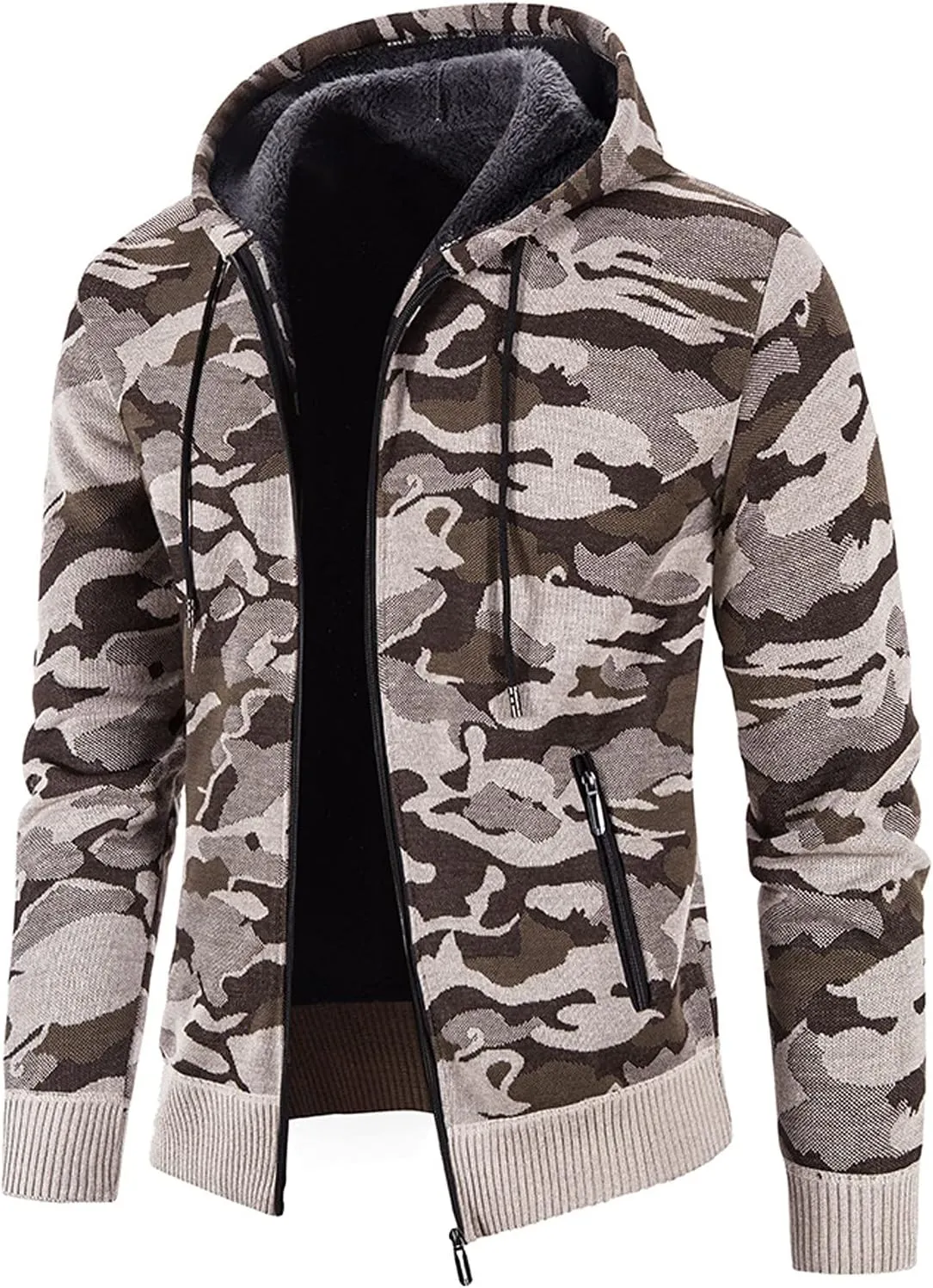 Mens Camo Hooded Cardigan Sweater Coats Heavy Warm Sherpa Fleece Lined Stripe Hoodie Jackets Zip Up Thick Sweatshirt