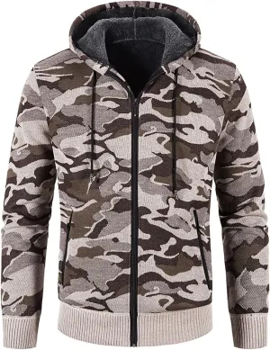 Mens Camo Hooded Cardigan Sweater Coats Heavy Warm Sherpa Fleece Lined Stripe Hoodie Jackets Zip Up Thick Sweatshirt