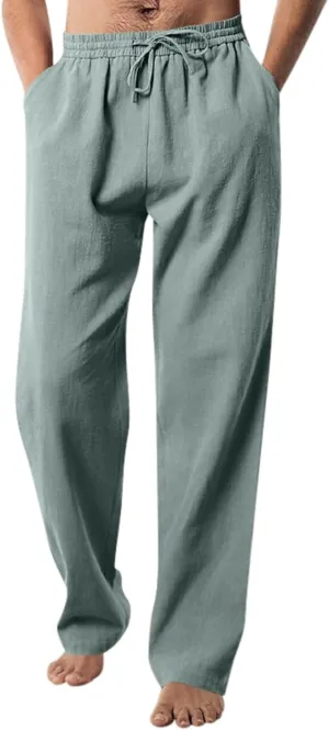 Mens Casual Linen Pants Drawstring Elastic Waist Straight Leg Pant Sports Pants Outdoor Hiking Trousers