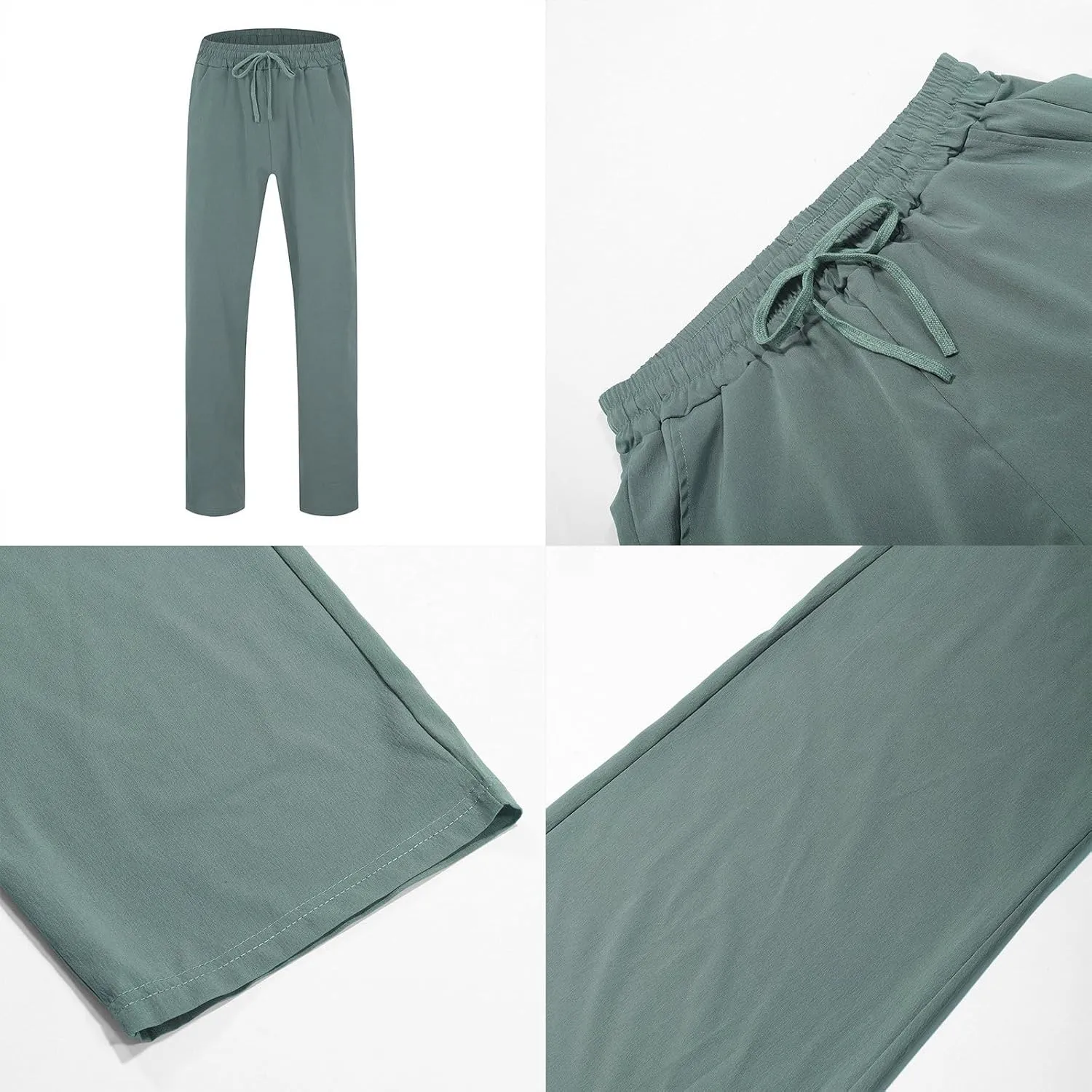 Mens Casual Linen Pants Drawstring Elastic Waist Straight Leg Pant Sports Pants Outdoor Hiking Trousers