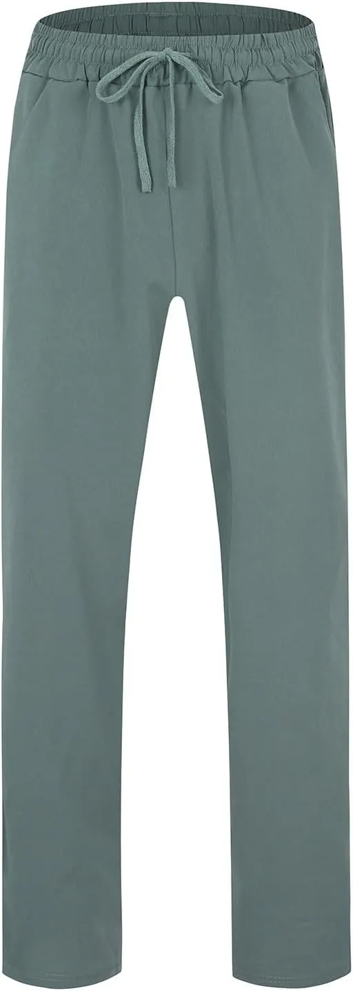Mens Casual Linen Pants Drawstring Elastic Waist Straight Leg Pant Sports Pants Outdoor Hiking Trousers