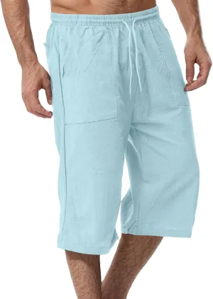 Men's Cotton Linen Pant Drawstring Capri Pants 3/4 Long Shorts for Men Lightweight Elastic Waist Casual Trousers