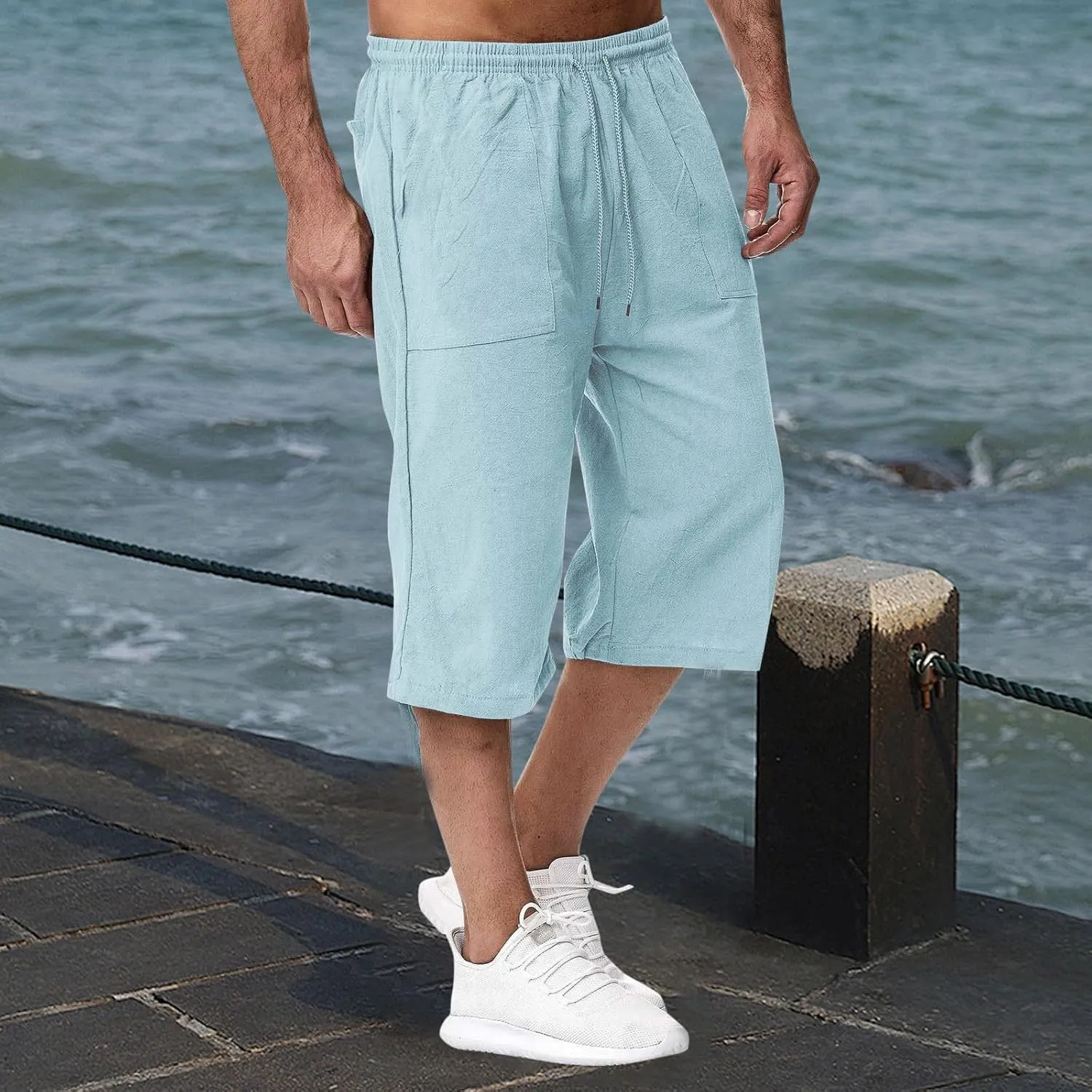 Men's Cotton Linen Pant Drawstring Capri Pants 3/4 Long Shorts for Men Lightweight Elastic Waist Casual Trousers