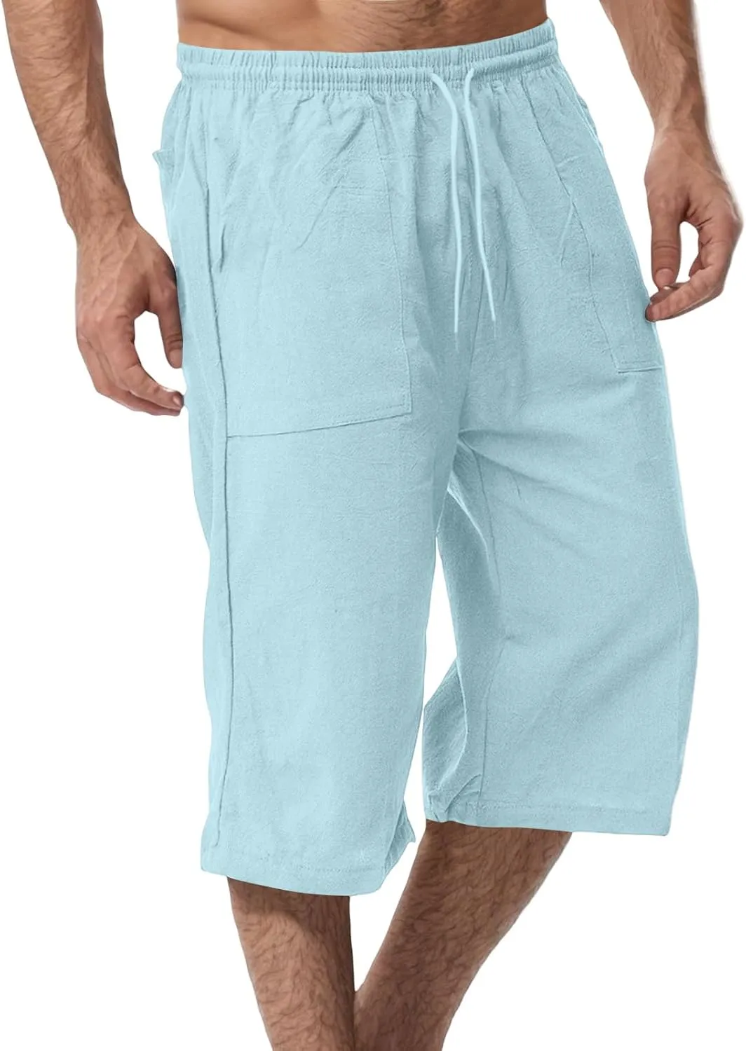 Men's Cotton Linen Pant Drawstring Capri Pants 3/4 Long Shorts for Men Lightweight Elastic Waist Casual Trousers