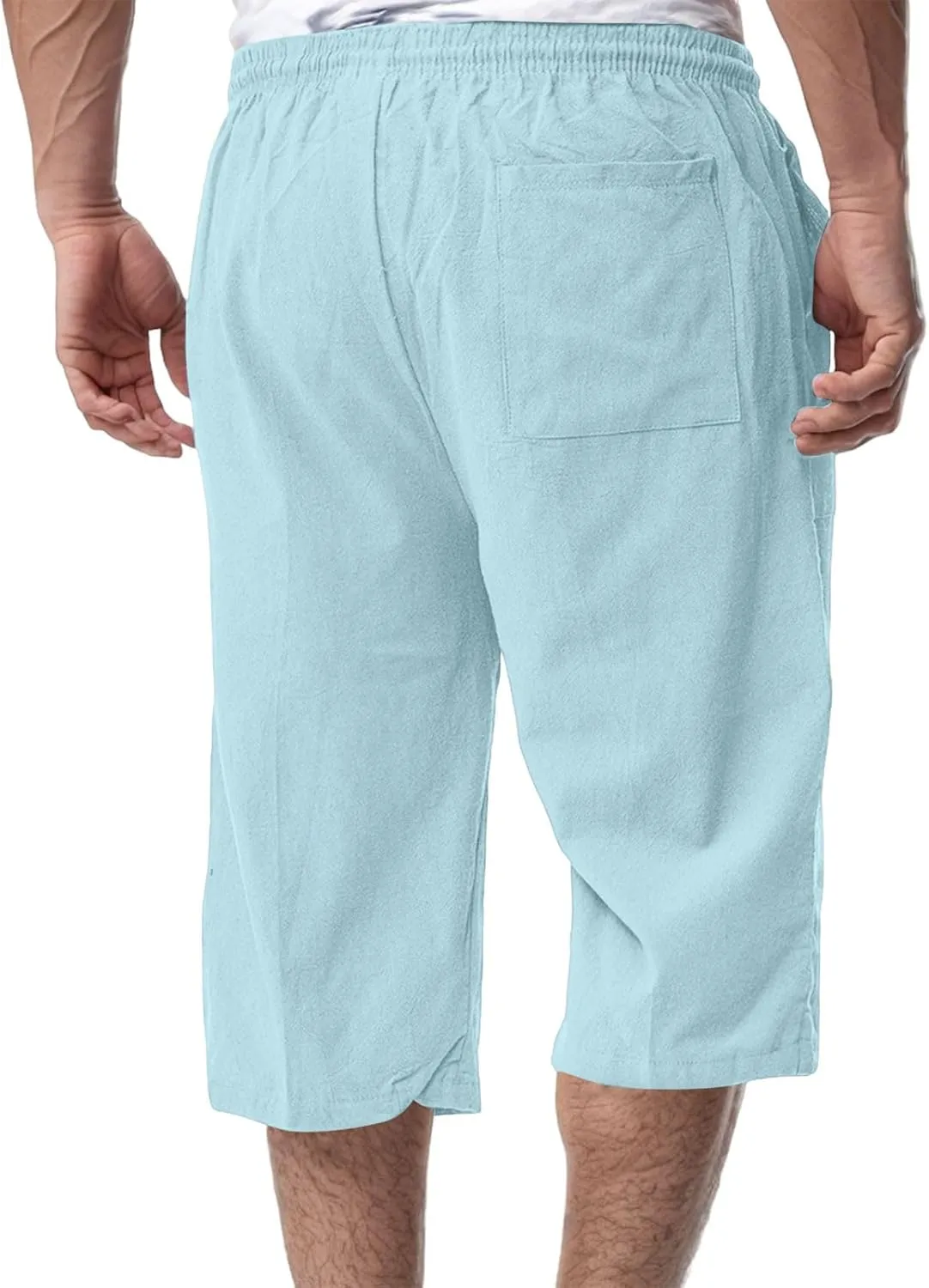 Men's Cotton Linen Pant Drawstring Capri Pants 3/4 Long Shorts for Men Lightweight Elastic Waist Casual Trousers