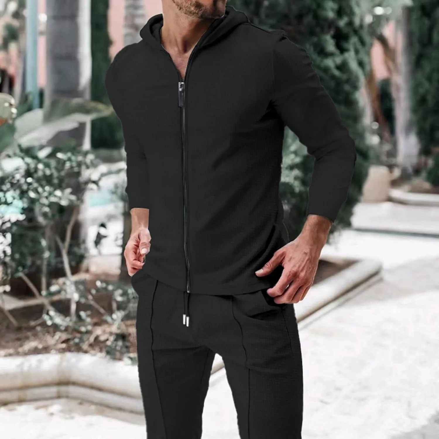 Men's Jogging Tracksuit Set 2024 Zipper Hooded Cardigan Solid Color Long Men's 2 Piece Tracksuit Polo Athletic