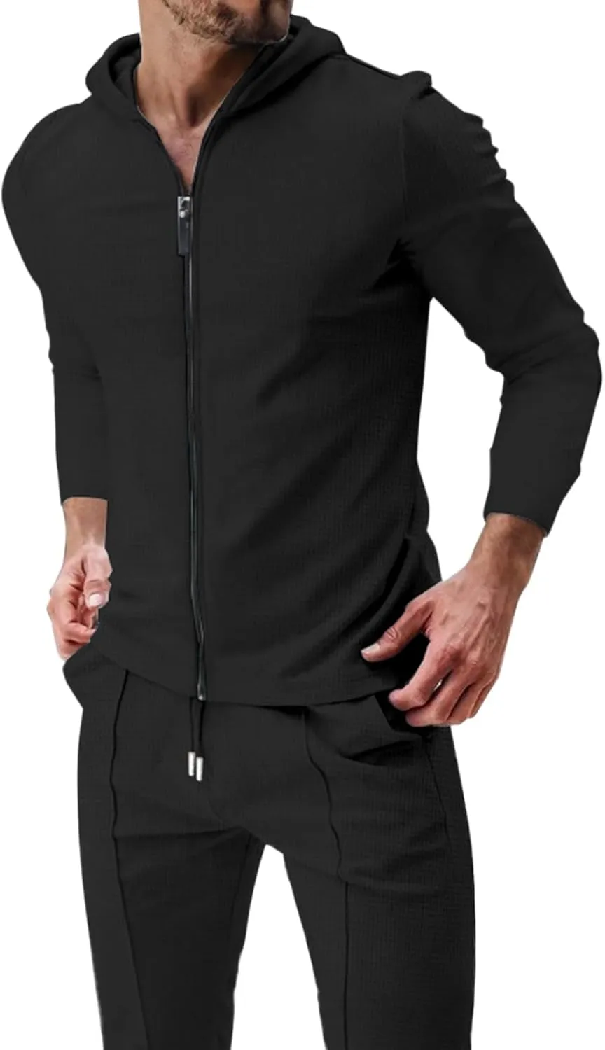 Men's Jogging Tracksuit Set 2024 Zipper Hooded Cardigan Solid Color Long Men's 2 Piece Tracksuit Polo Athletic