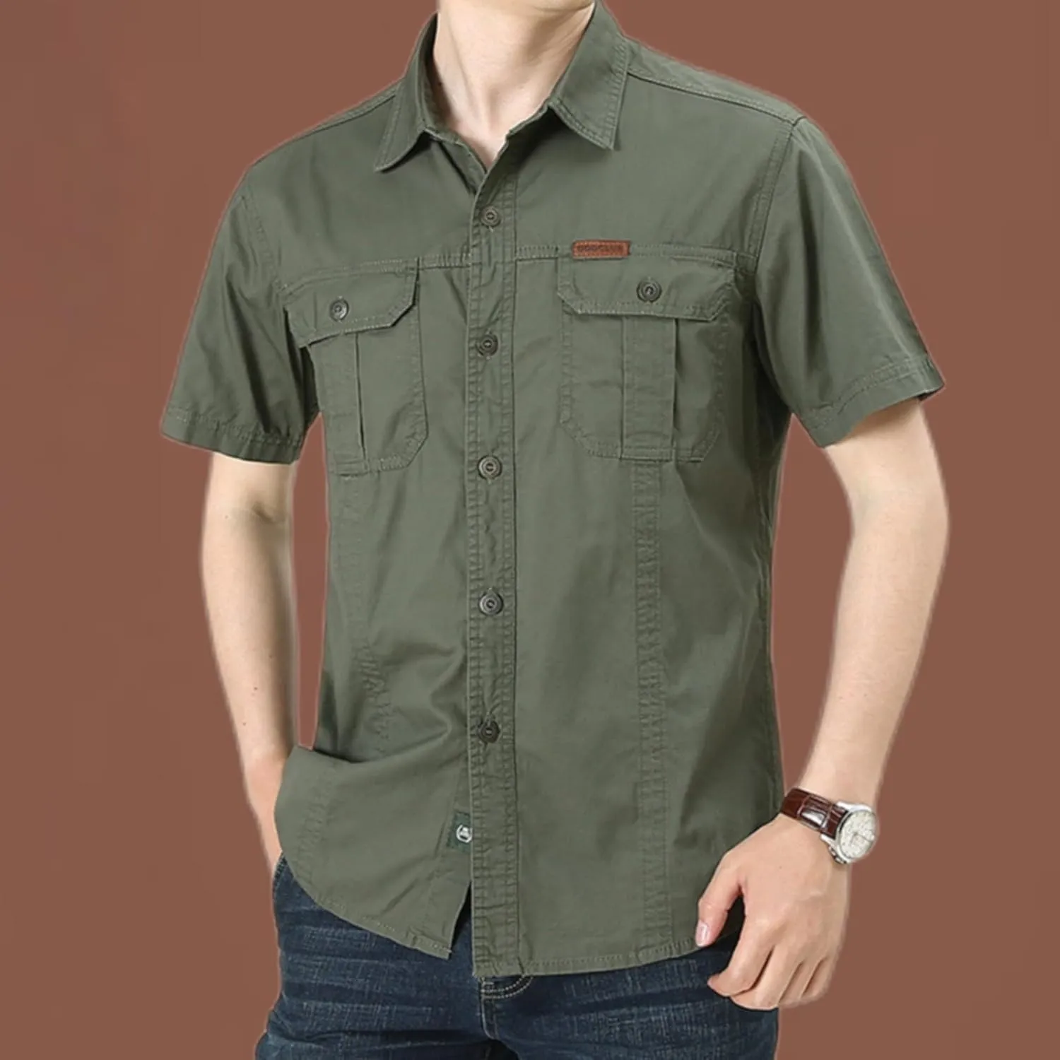 Mens Safari Shirts Cargo Work Shirt Military Tops Button Down Army Tactical Shirt Summer Outdoor Fishing Camping Tops