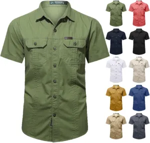 Mens Safari Shirts Cargo Work Shirt Military Tops Button Down Army Tactical Shirt Summer Outdoor Fishing Camping Tops