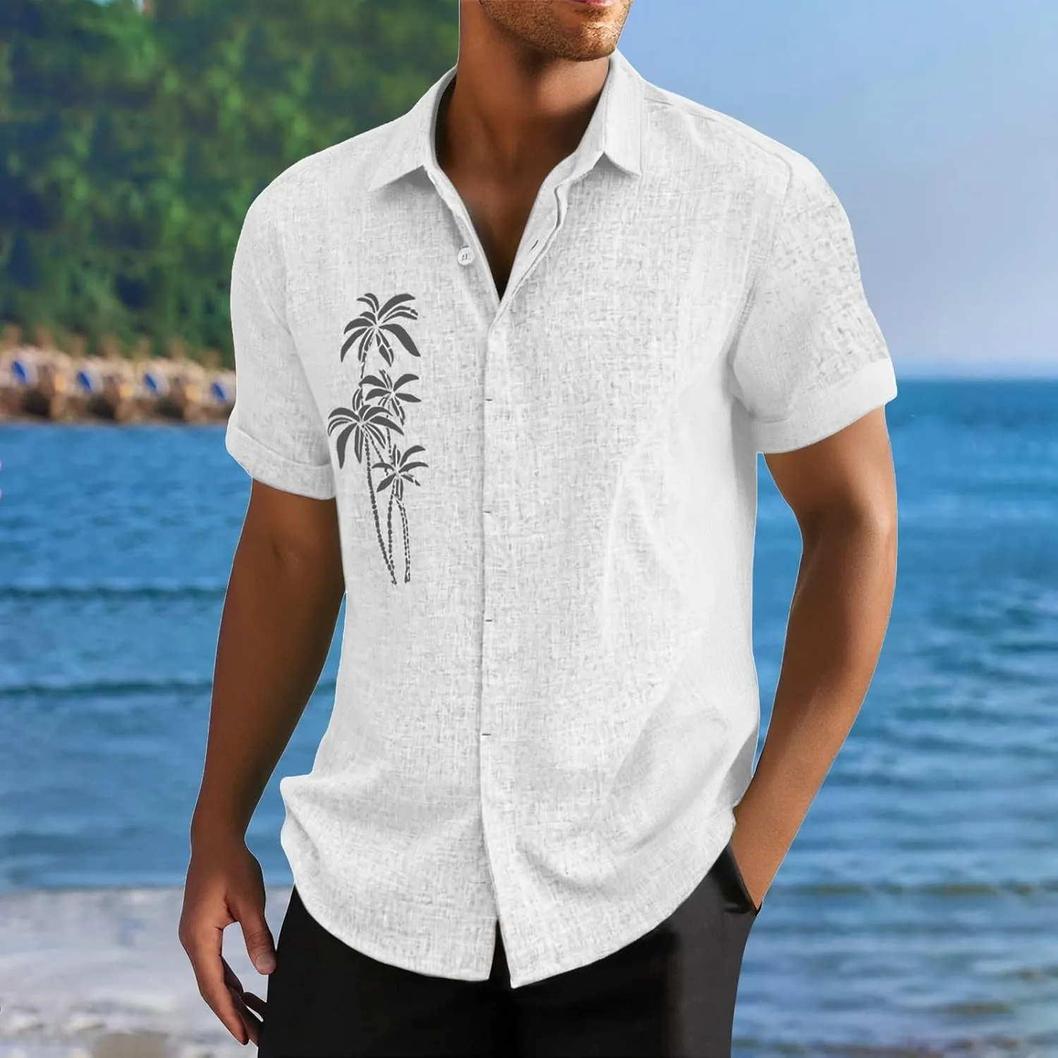 Mens Short Sleeve Button Down Shirts Retro Tropical Palm Print Summer Hawaiian Shirt Quick Dry Beach Vacation Tops