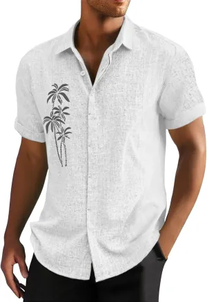 Mens Short Sleeve Button Down Shirts Retro Tropical Palm Print Summer Hawaiian Shirt Quick Dry Beach Vacation Tops