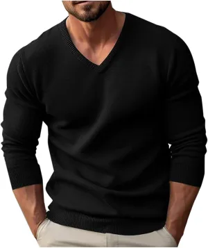 Mens V Neck Sweater Long Sleeve Pullover Tops Slim Fit Knitted Tops Lightweight Casual Fall Fashion Sweater 2024