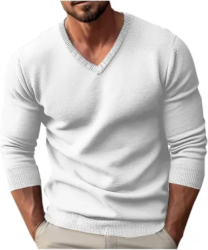 Mens V Neck Sweater Long Sleeve Pullover Tops Slim Fit Knitted Tops Lightweight Casual Fall Fashion Sweater 2024