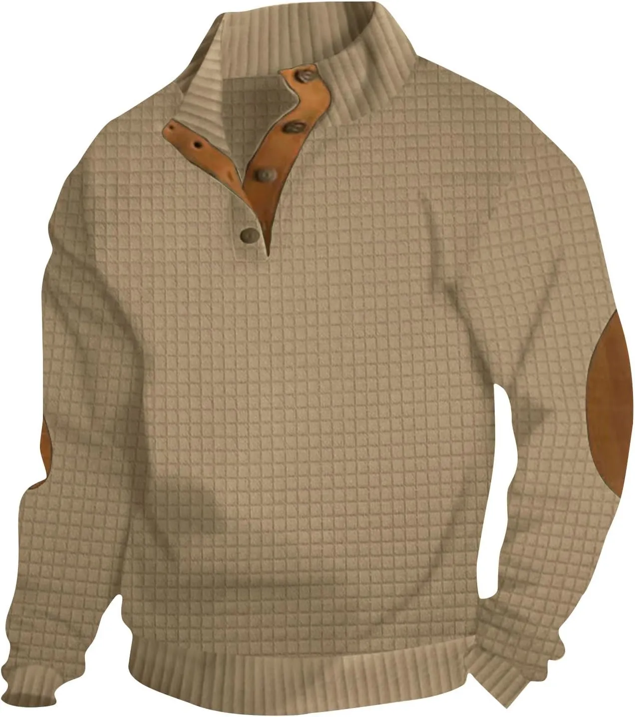 Men's Waffle Knitted Pullover Tops Patchwork Long Sleeve Sweatshirts Button V Neck Stand-Up Collar Loose Tops
