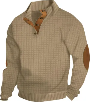 Men's Waffle Knitted Pullover Tops Patchwork Long Sleeve Sweatshirts Button V Neck Stand-Up Collar Loose Tops
