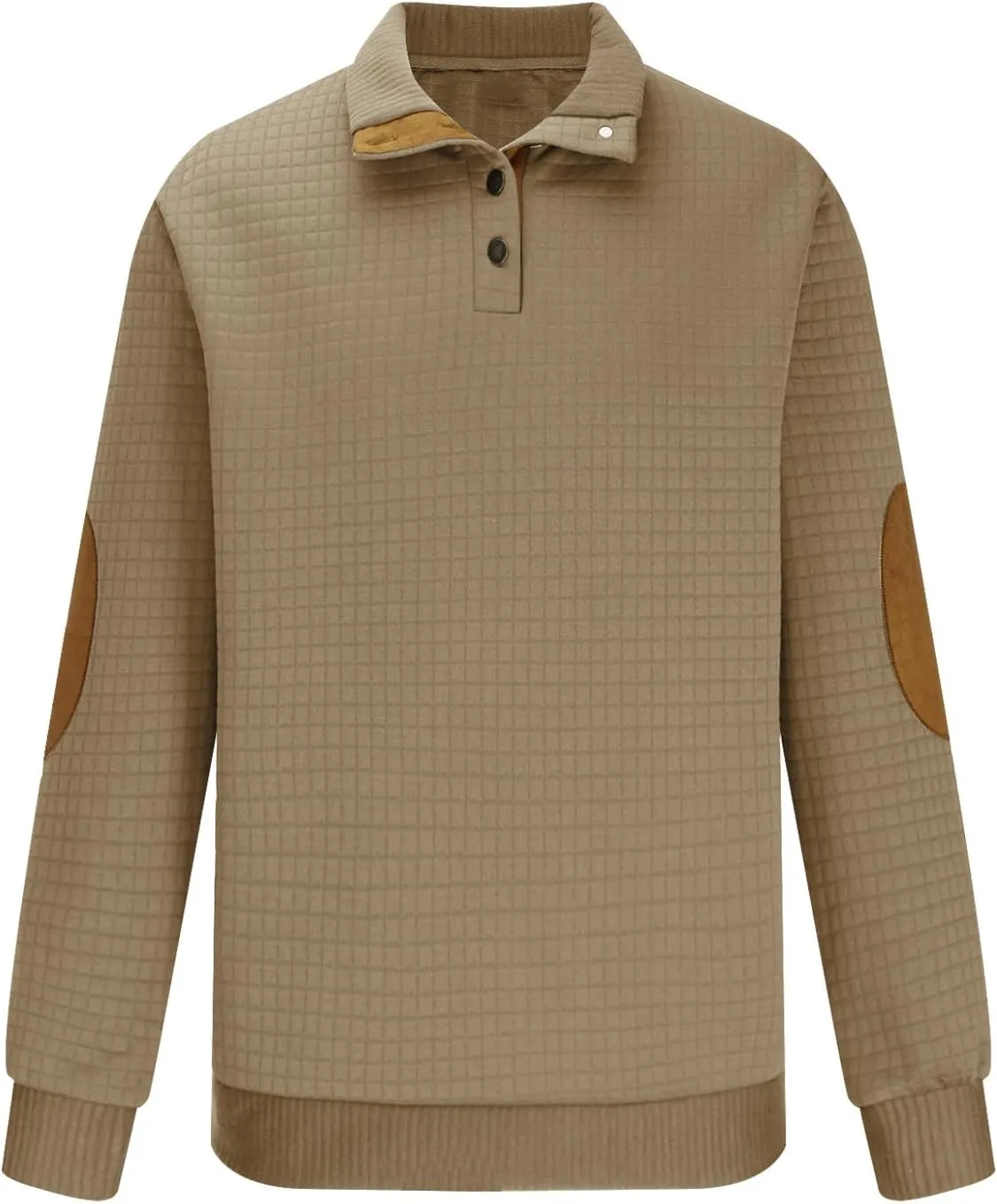 Men's Waffle Knitted Pullover Tops Patchwork Long Sleeve Sweatshirts Button V Neck Stand-Up Collar Loose Tops