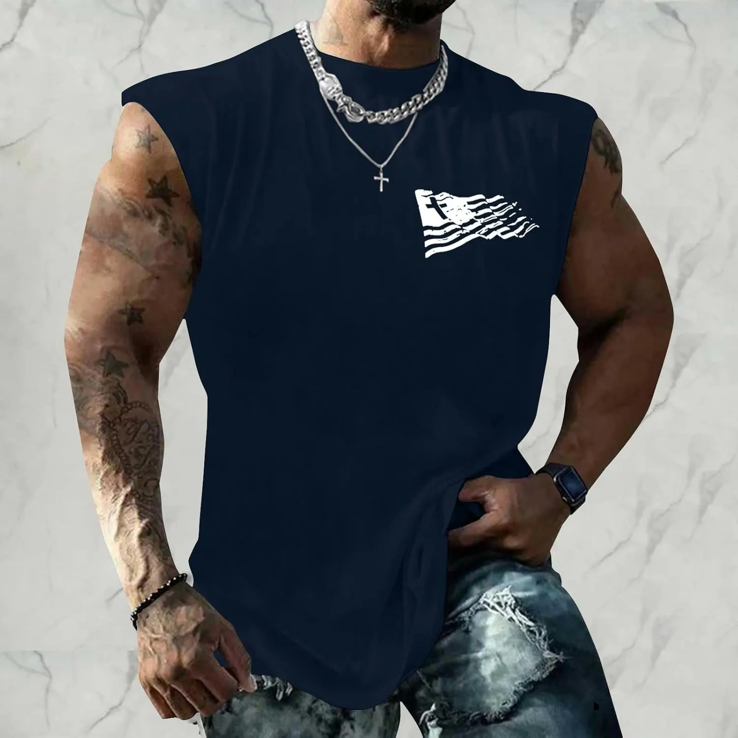 Men's Workout Tank Tops Trendy USA Flag Patriotic Print Sleeveless Shirts Athletic Quick Dry Fitness Sport Undershirts