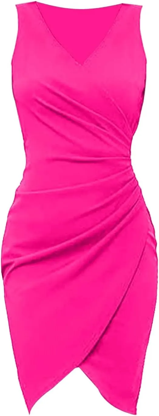midelxp Cocktail Dresses for Women Elegant Ruched Wrap V Neck Bodycon Dresses Summer Tank Dresses for Wedding Guest 2024