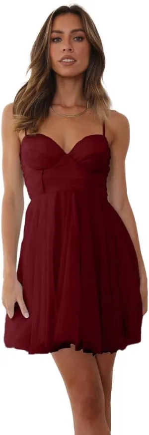 Mini Tulle Homecoming Dresses Backless V Neck Cocktail Dresses Spaghetti Straps Prom Dresses NO58