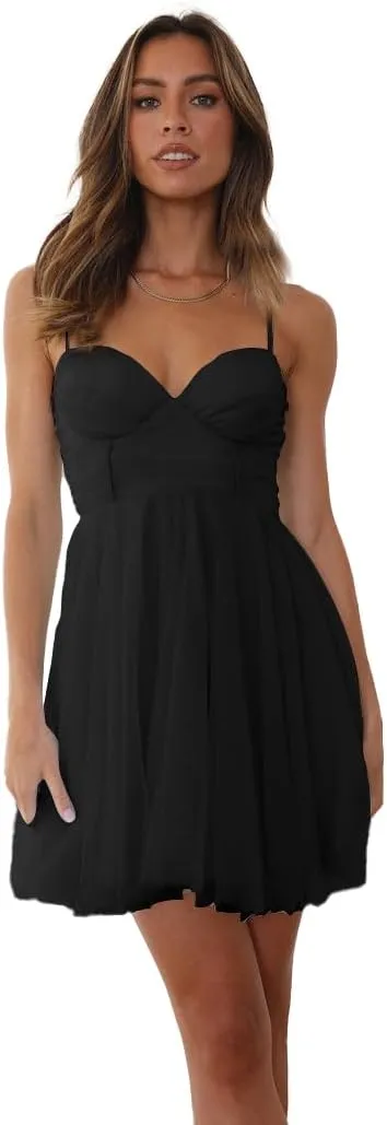 Mini Tulle Homecoming Dresses Backless V Neck Cocktail Dresses Spaghetti Straps Prom Dresses NO58