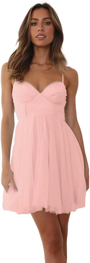 Mini Tulle Homecoming Dresses Backless V Neck Cocktail Dresses Spaghetti Straps Prom Dresses NO58
