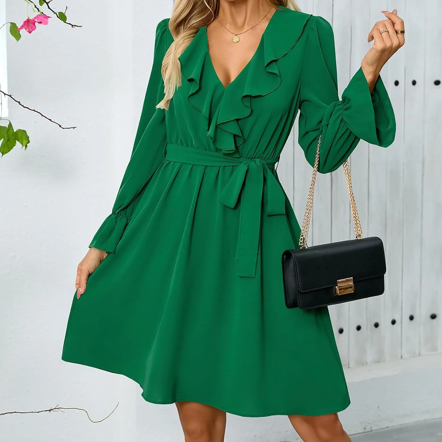 Mother of The Bride Dresses for Women Elegant Ruffle V Neck Long Sleeve Business Work Dresses Petite Church Outfits for Women