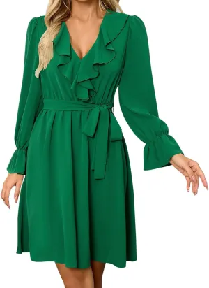 Mother of The Bride Dresses for Women Elegant Ruffle V Neck Long Sleeve Business Work Dresses Petite Church Outfits for Women