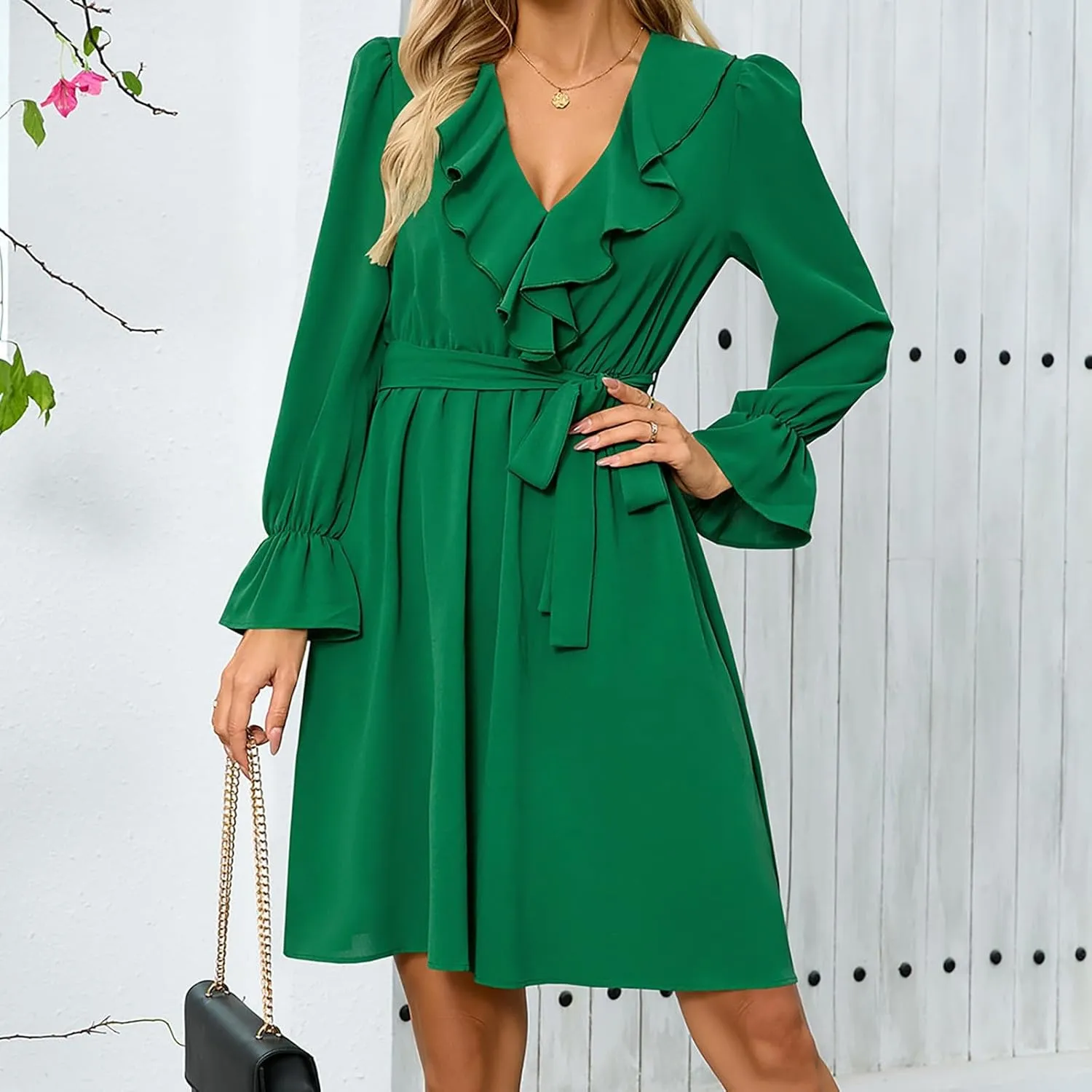 Mother of The Bride Dresses for Women Elegant Ruffle V Neck Long Sleeve Business Work Dresses Petite Church Outfits for Women