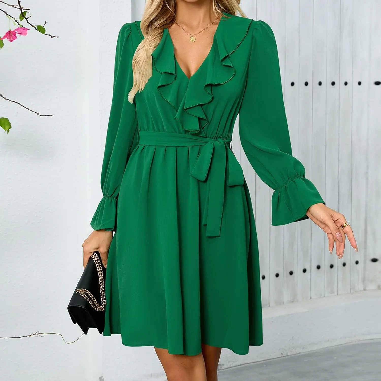 Mother of The Bride Dresses for Women Elegant Ruffle V Neck Long Sleeve Business Work Dresses Petite Church Outfits for Women