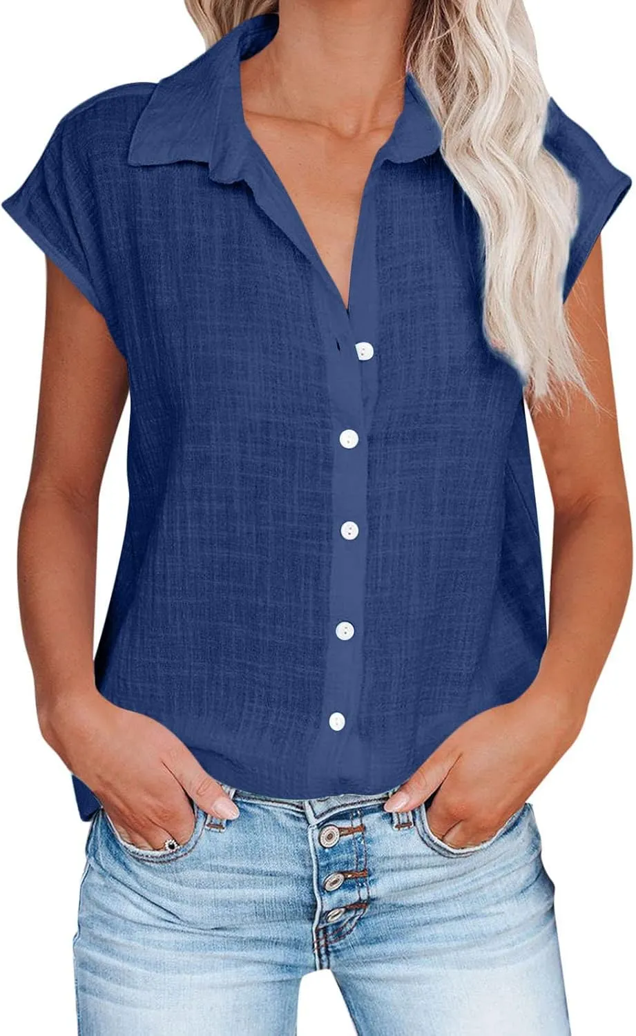 Mzkdieey Linen Button Down Shirt Women Short Sleeve V Neck Collared Blouse Summer Beach Cotton T-Shirts Casual Work Tops