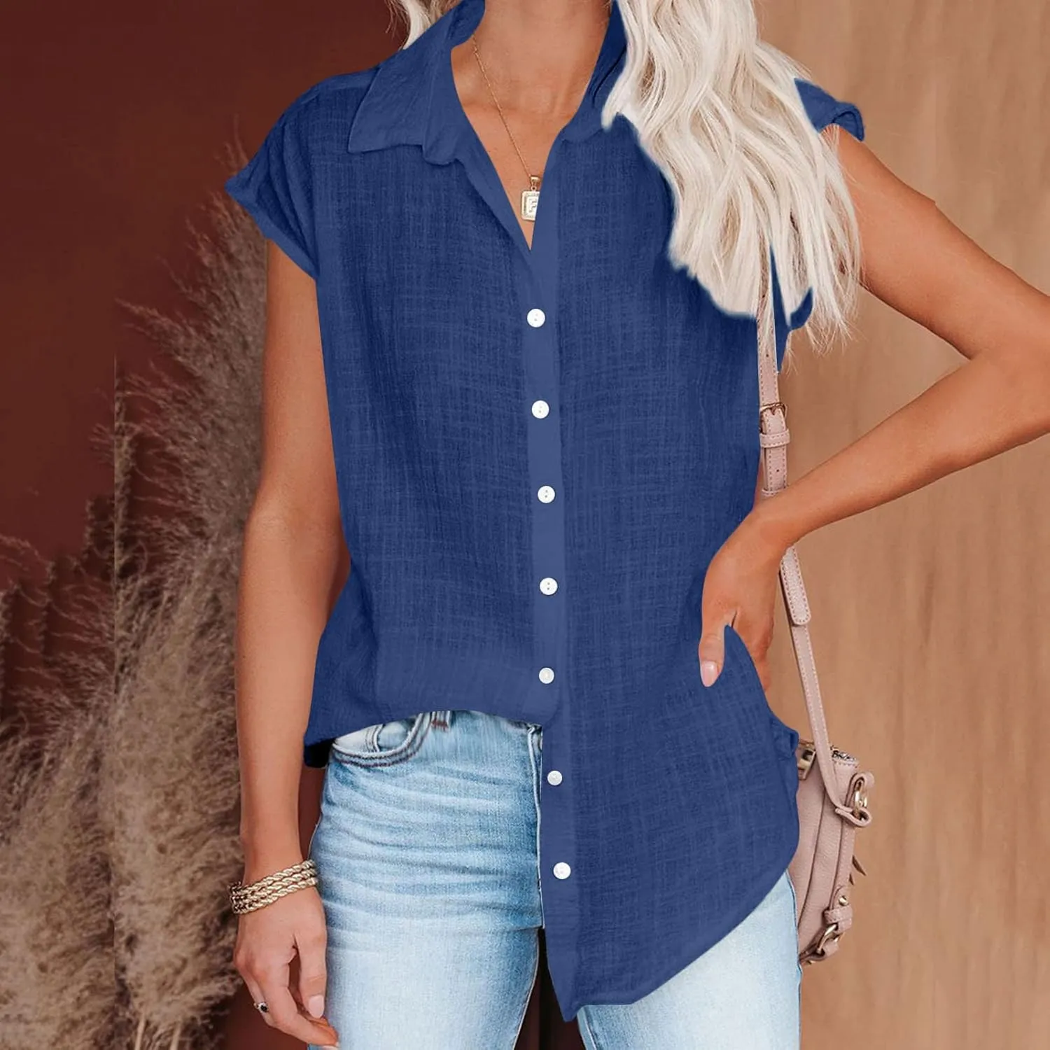 Mzkdieey Linen Button Down Shirt Women Short Sleeve V Neck Collared Blouse Summer Beach Cotton T-Shirts Casual Work Tops