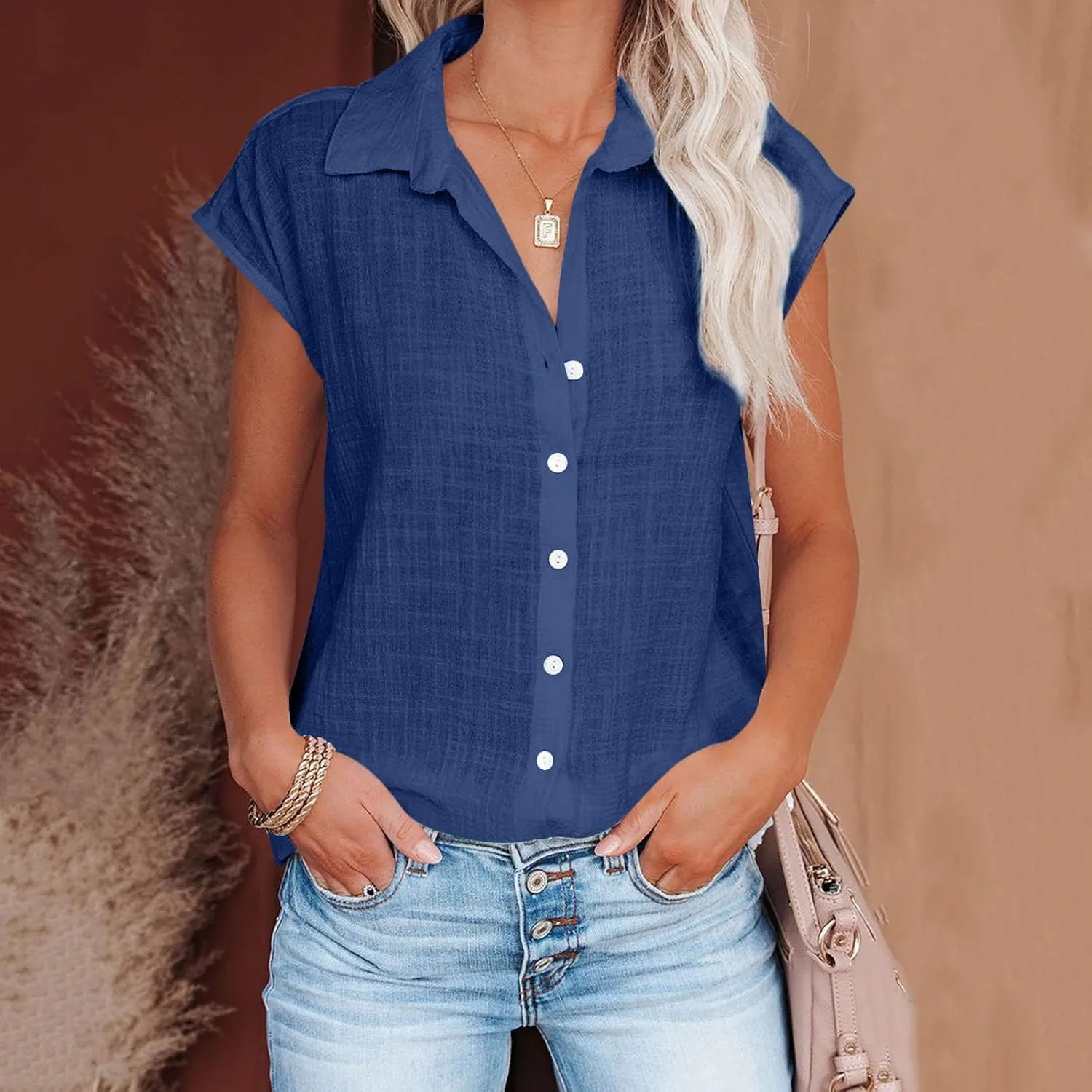 Mzkdieey Linen Button Down Shirt Women Short Sleeve V Neck Collared Blouse Summer Beach Cotton T-Shirts Casual Work Tops