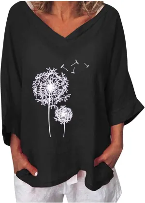 Mzkdieey Oversized Cotton Linen Tops for Women Vintage Dandelion Graphic Tee Summer Casual 3/4 Sleeve V Neck Loose Fit Blouse