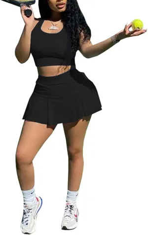 Neyaolk Womens Casual Outfits Athletic Activewear - Fitted Sleeveless Crop Top Pleated Tennis Skorts Skirts Set Tracksuit