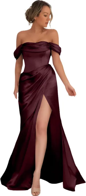Off Shoulder Prom Dresses for Women Long Mermaid Evening Dresses Satin High Split Bridemaid Dresses