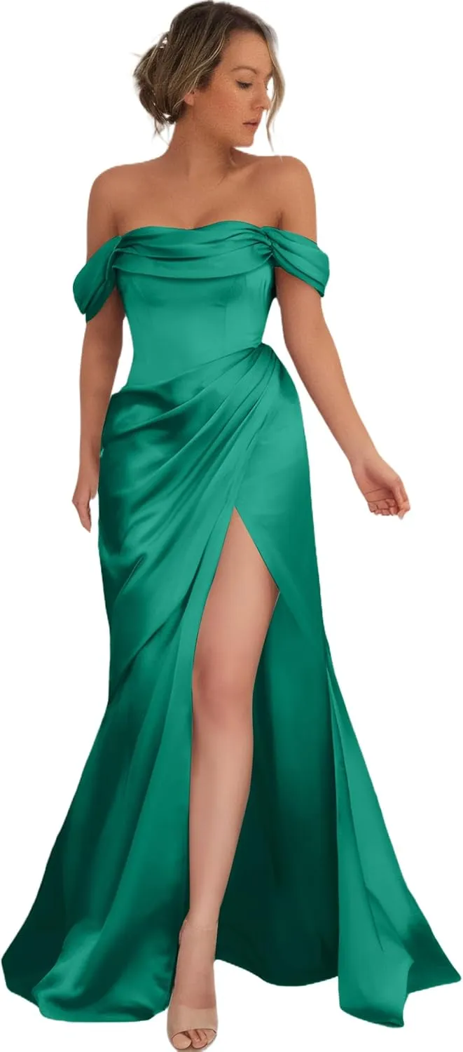 Off Shoulder Prom Dresses for Women Long Mermaid Evening Dresses Satin High Split Bridemaid Dresses