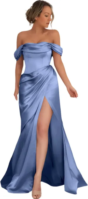 Off Shoulder Prom Dresses for Women Long Mermaid Evening Dresses Satin High Split Bridemaid Dresses